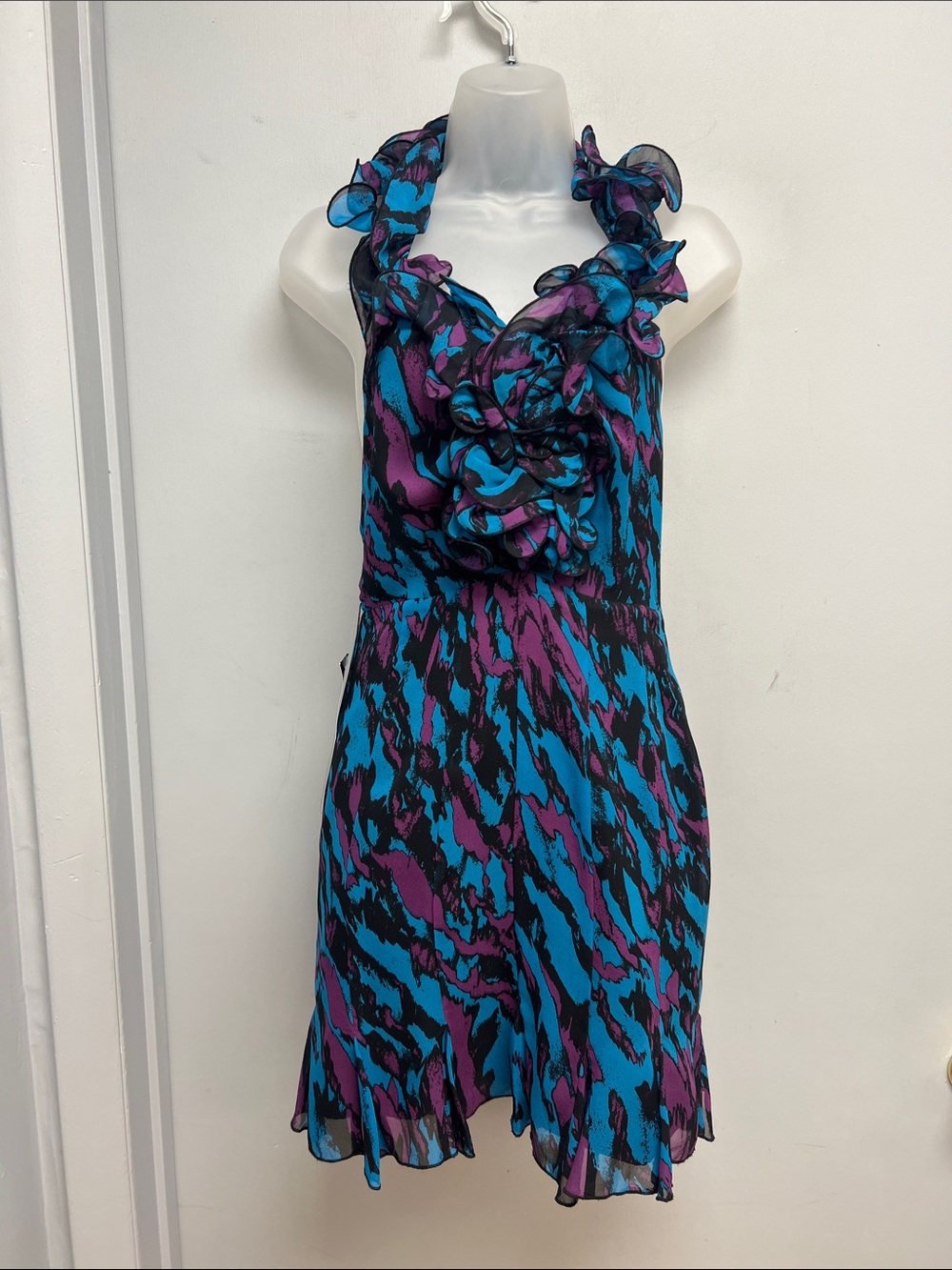 Bebe 100% Silk Peacock Lustre Halter Ruffle Mini Dress NWT XXS